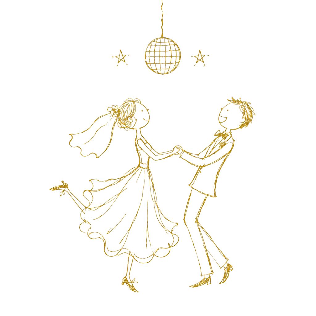 Hand-drawn gold illustration of Shraddha and Arian dancing beneath a disco ball